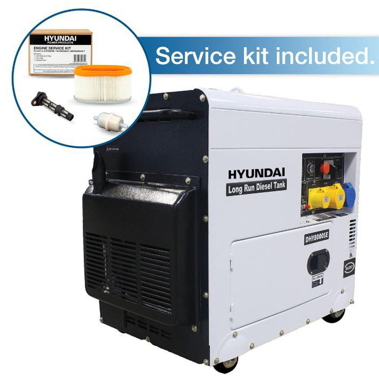 Hyundai 5.8kW / 7.5kVA* Silenced Diesel Generator, 3000rpm, Long Running Standby, 230v Single Phase Output | DHY8000SELR