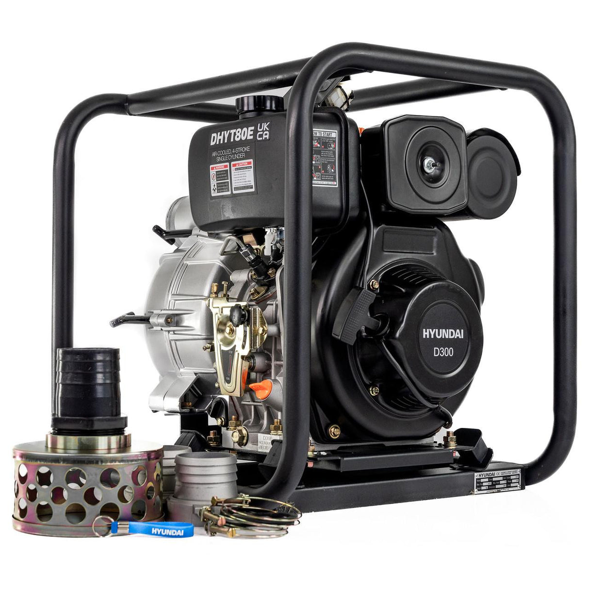 Hyundai 80mm 3" Electric Start Open Frame Diesel Trash Water Pump, 25m Total Head, 6m Lift, 880min Flow Rate, 6hp, 296cc | DHYT80E
