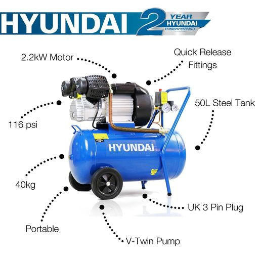 Hyundai 3hp 50L Electric Air Compressor 14CFM 116psi Direct Drive V-Twin | HY3050V