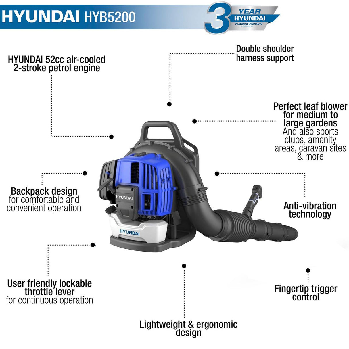 Hyundai 52cc Backpack Petrol Leaf Blower, 170mph Air Speed, 2-Stroke | HYB5200