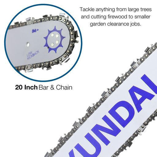 20 inch bar and chain to tackle anything from large trees, cutting firewood to small garden clearance jobs.