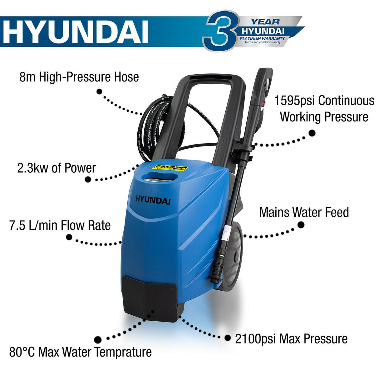 Hyundai 2100psi 145bar Hot Pressure Washer, 80°C 2.3kW Power Jet Washer | HY145HPW-1