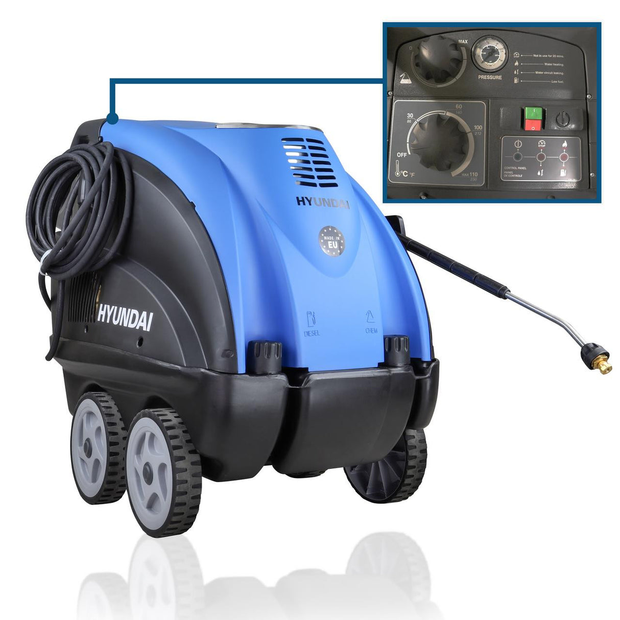 Hyundai 2610psi 180bar Hot Pressure Washer, 110°C 2.8kW Commercial Triplex Power Jet Washer | HY155HPW-1