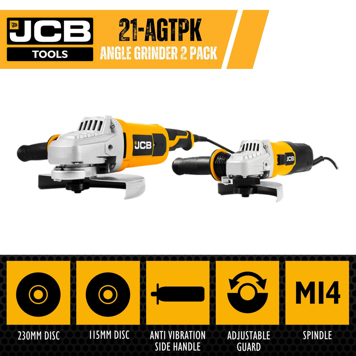JCB Corded Electric Angle Grinder Twin Pack - 115mm, 230mm | 21-AGTPK