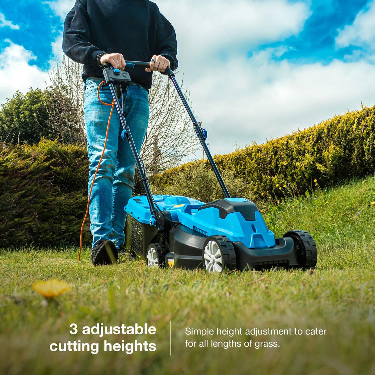 Hyundai 33cm 1300W Electric Lawn Mower, 11m Detachable Power Cable, 3 Heights & 30L Collection Bag