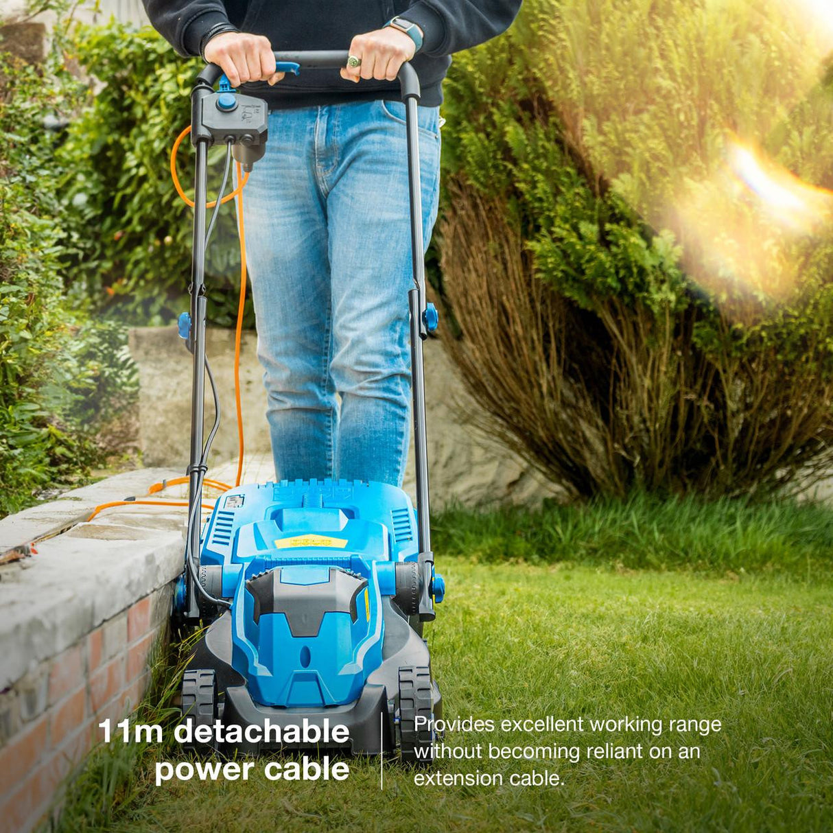 Hyundai 33cm 1300W Electric Lawn Mower, 11m Detachable Power Cable, 3 Heights & 30L Collection Bag