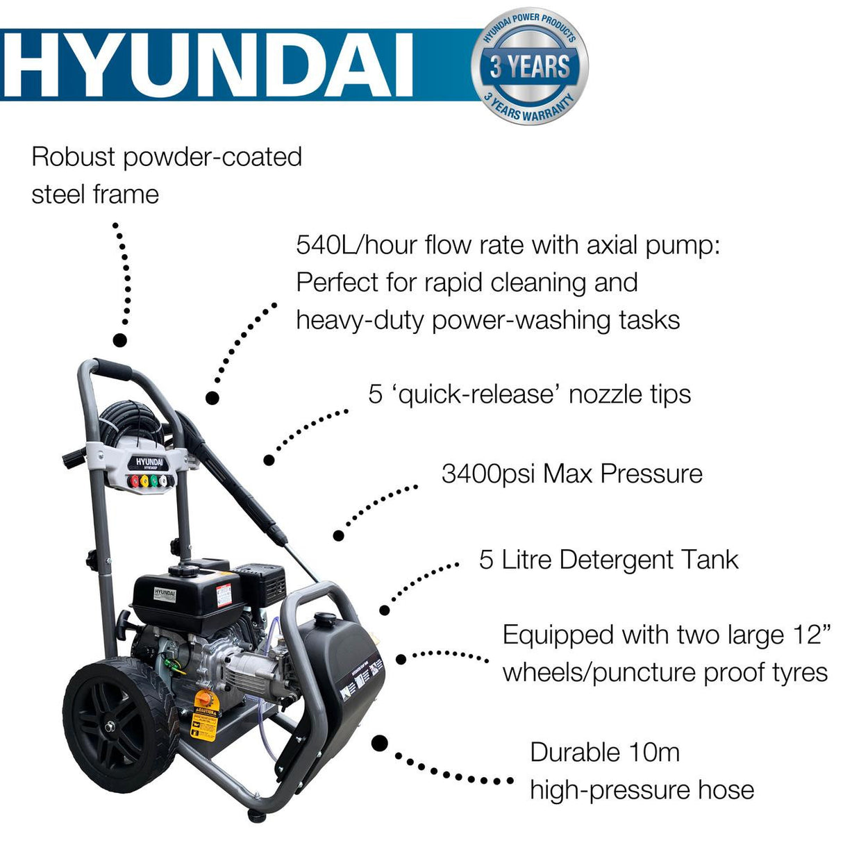 Key Features of the Hyundai 3400psi / 234 bar Petrol Pressure Washer, 9L/min, 209cc with 10m Hose & Detergent Tank | HYW3400P