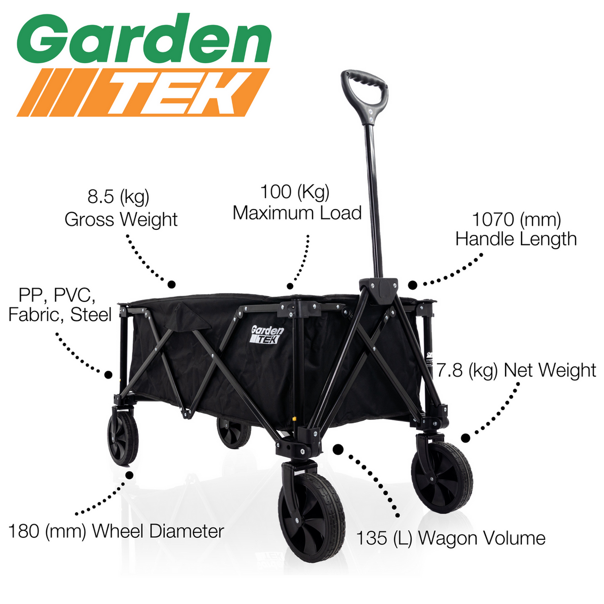 GardenTek Folding Trolley on Wheels, Garden Trolley 100kg Load 135L Capacity | GTW220