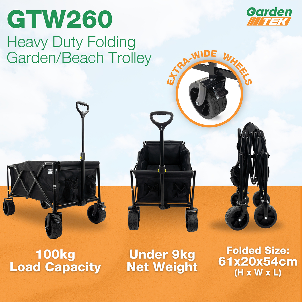 GardenTek Garden Trolley on Wheels, 100kg Load, 135L Capacity with Brakes | GTW260