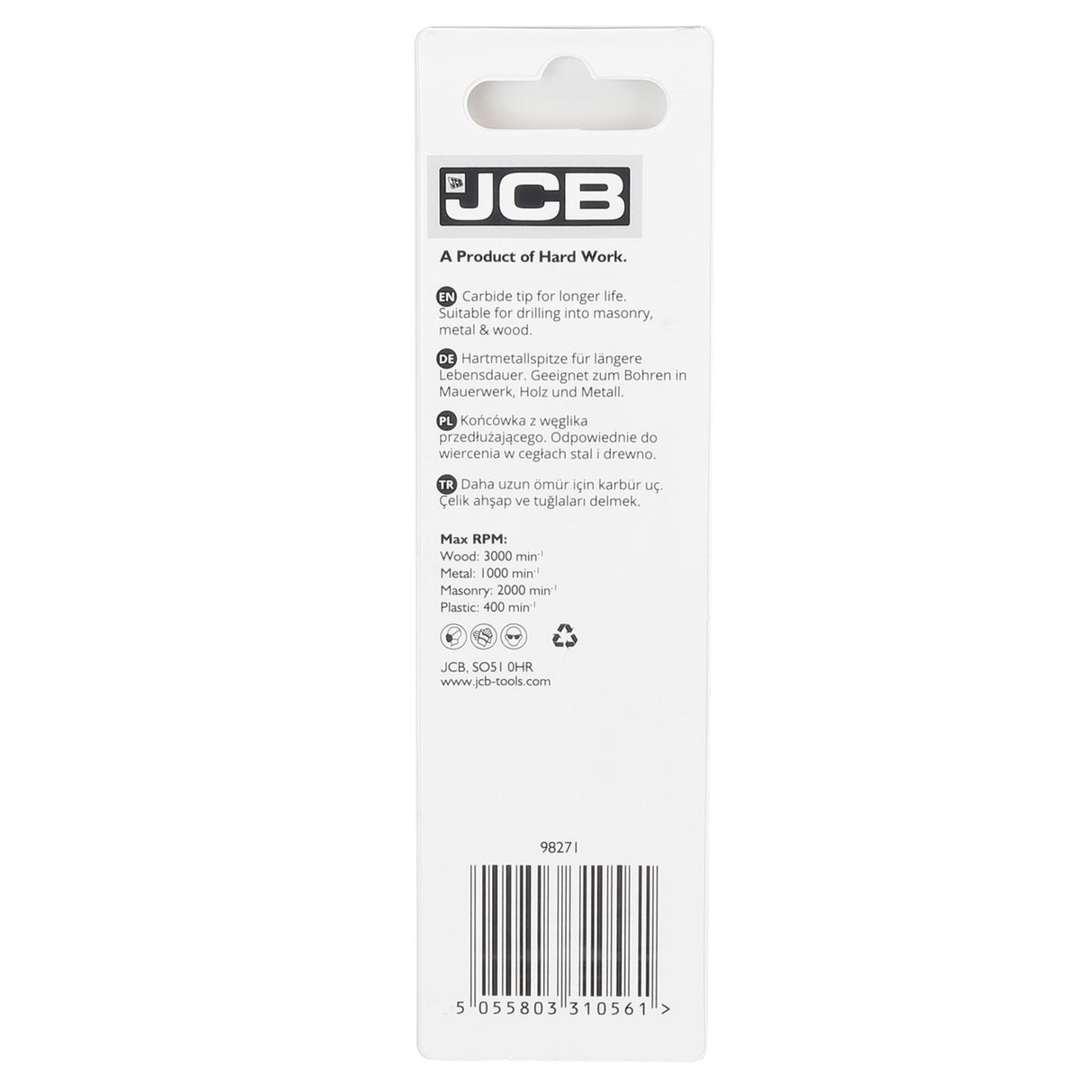 Unwrap excellence with the JCB Multi-Purpose Drill Bit packaging. A testament to quality, the package showcases the drill bit's key features β from its durable carbon steel construction to the impressive carbide tip. The sleek design reflects JCB's commitment to performance and reliability. Invest in precision and durability, neatly packaged for your convenience β the ultimate tool for your drilling needs.
