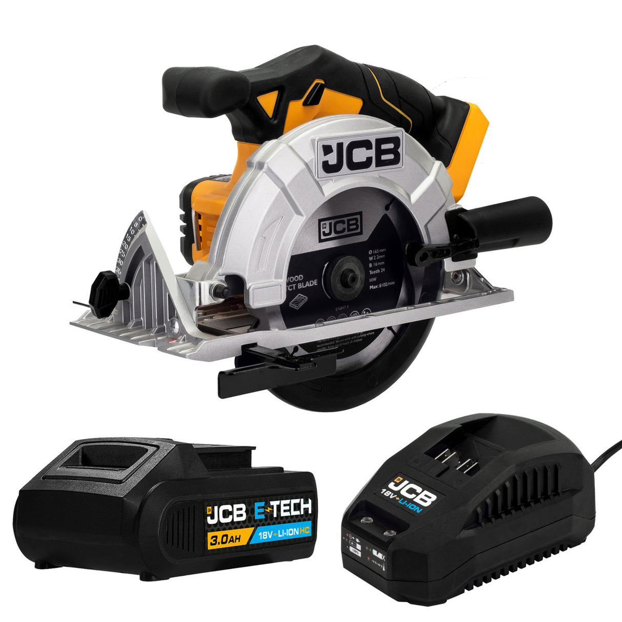JCB 18V Cordless Circular Saw 165mm 6.5" with 3.0Ah Li-ion Battery & 2.4A Fast Charger | 21-18CS-3CX
