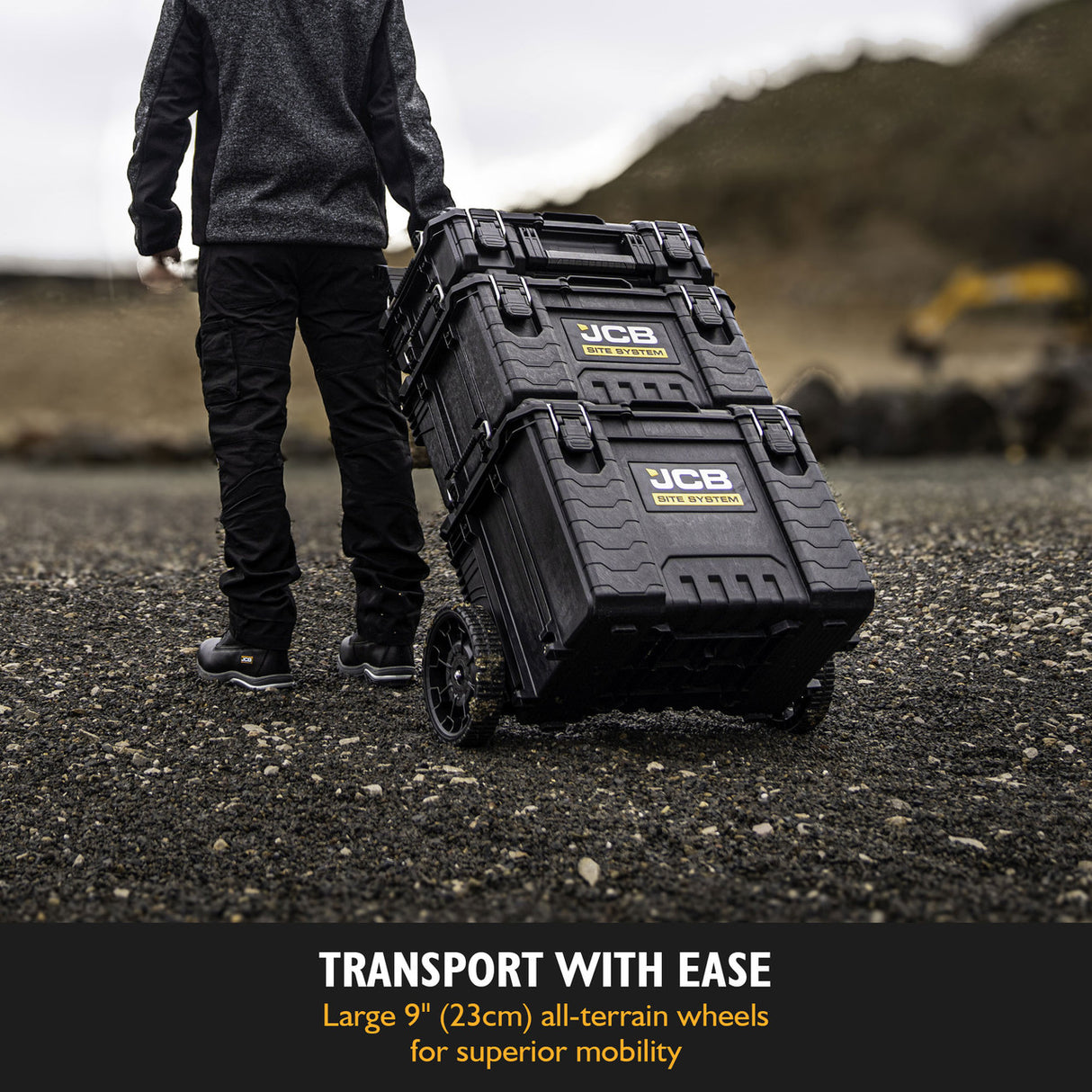 JCB Site System, 3-Piece Modular Tool Storage, Box and Organiser with Cart, 9’’ Wheel | JCB-SITESYS-ST