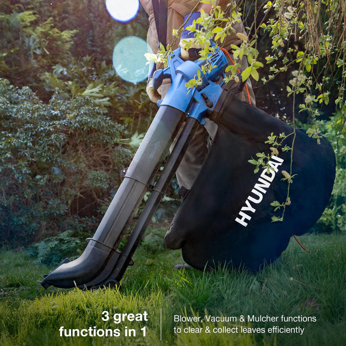 Hyundai 3000w 3-in-1 Leaf Blower, Vacuum, Shredder, 6-Speed, 45L Large Collection Bag, Long 12m Cable | HYBV3000E2