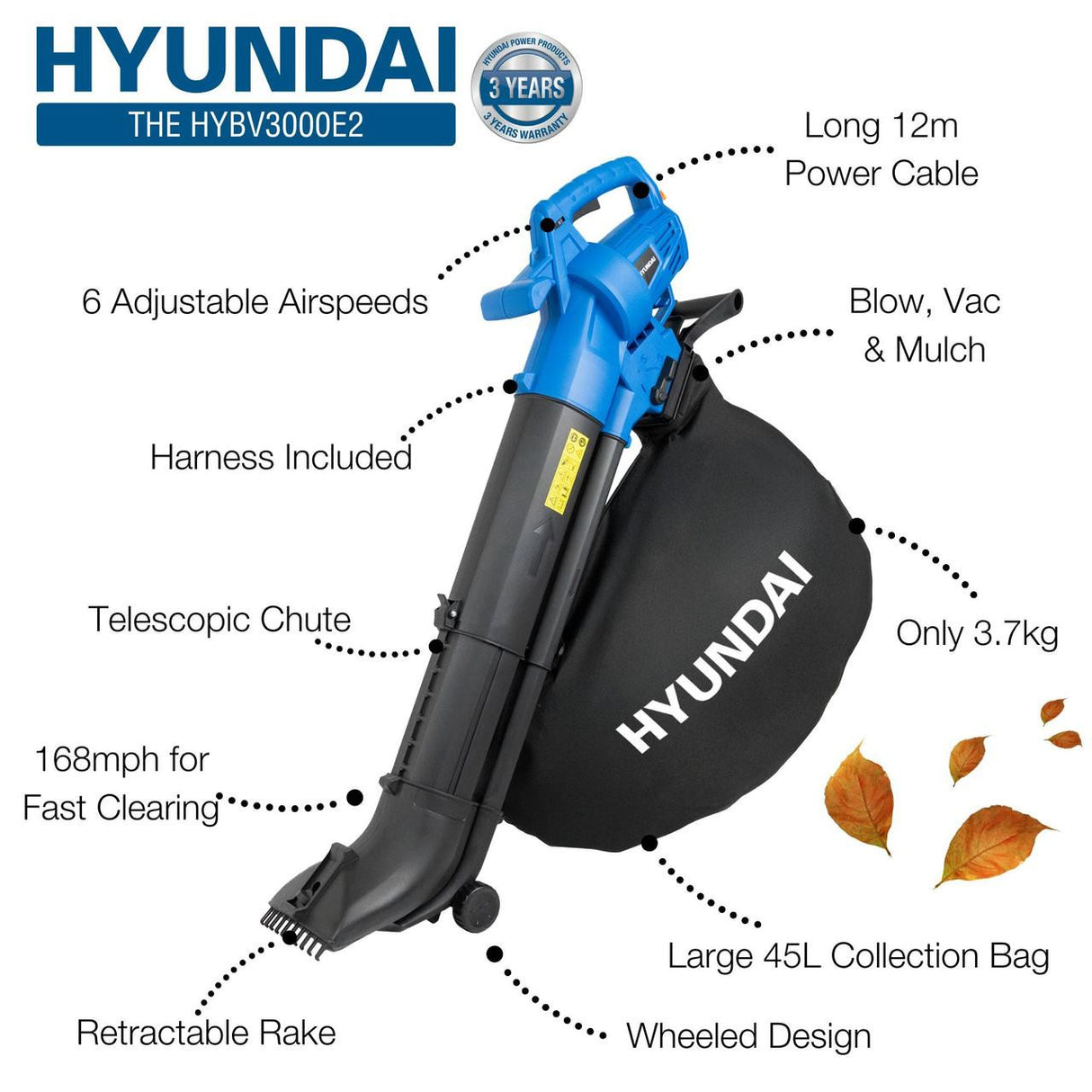 Key Features if the Hyundai HYBV3000E Leaf Blower - Infographic