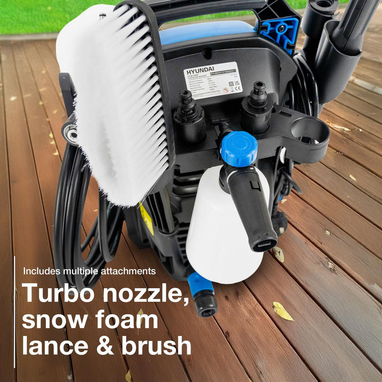 Hyundai 135Bar / 1740psi Electric Pressure Washer, 7.1L/min, 1600W Powerful Motor with Hose & Attachments | HYW1600E