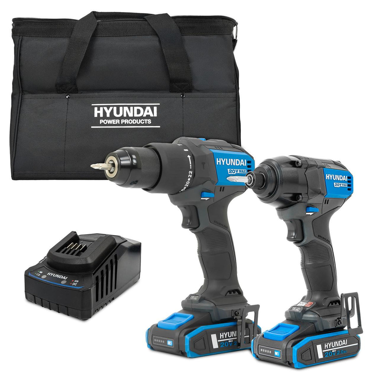Hyundai 20V Cordless 65Nm Hammer Drill and 230Nm Impact Driver Brushless Kit, 2x 2.0Ah Li-ion Batteries and 2A Charger | S01-T2B