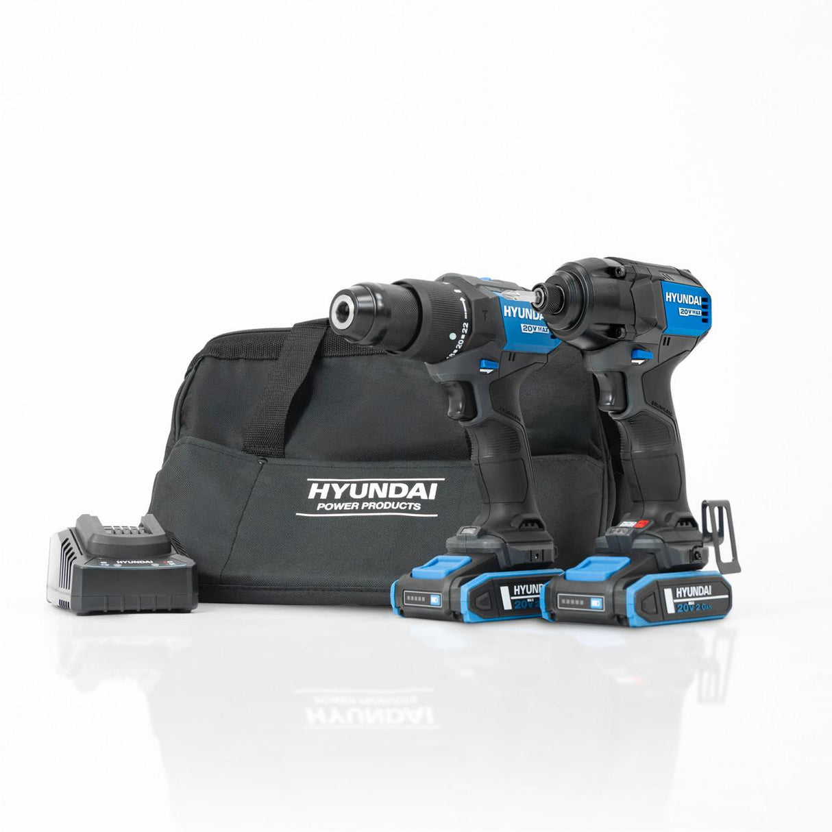 Hyundai 20V Cordless 65Nm Hammer Drill and 230Nm Impact Driver Brushless Kit, 2x 2.0Ah Li-ion Batteries and 2A Charger | S01-T2B