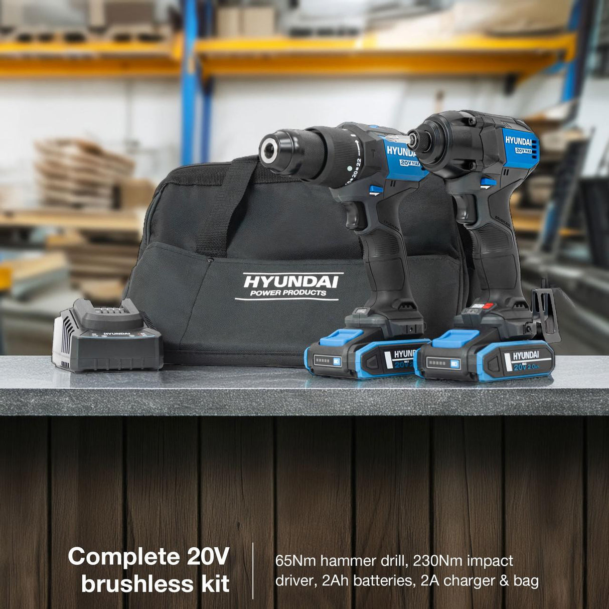 Hyundai 20V Cordless 65Nm Hammer Drill and 230Nm Impact Driver Brushless Kit, 2x 2.0Ah Li-ion Batteries and 2A Charger | S01-T2B