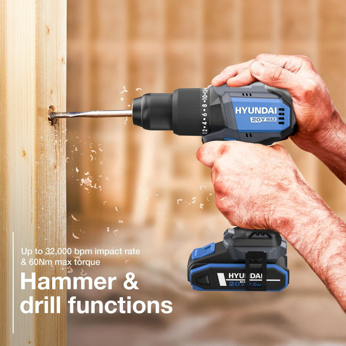 Hyundai 20V Cordless 65Nm Hammer Drill and 230Nm Impact Driver Brushless Kit, 2x 2.0Ah Li-ion Batteries and 2A Charger | S01-T2B