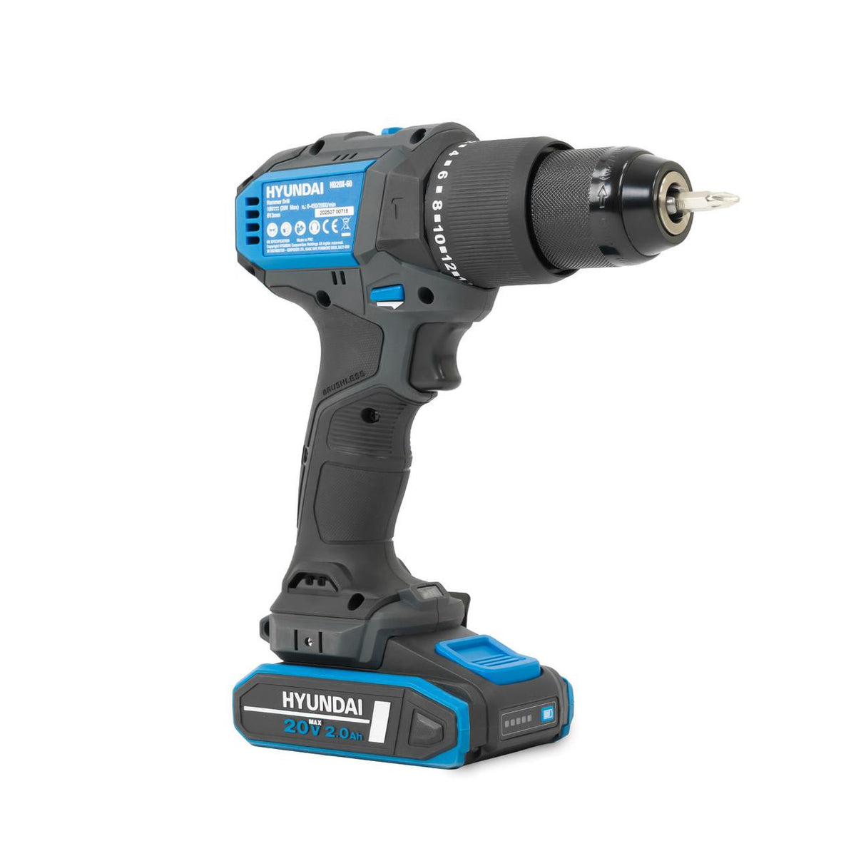 Hyundai 20V Cordless 65Nm Hammer Drill and 230Nm Impact Driver Brushless Kit, 2x 2.0Ah Li-ion Batteries and 2A Charger | S01-T2B