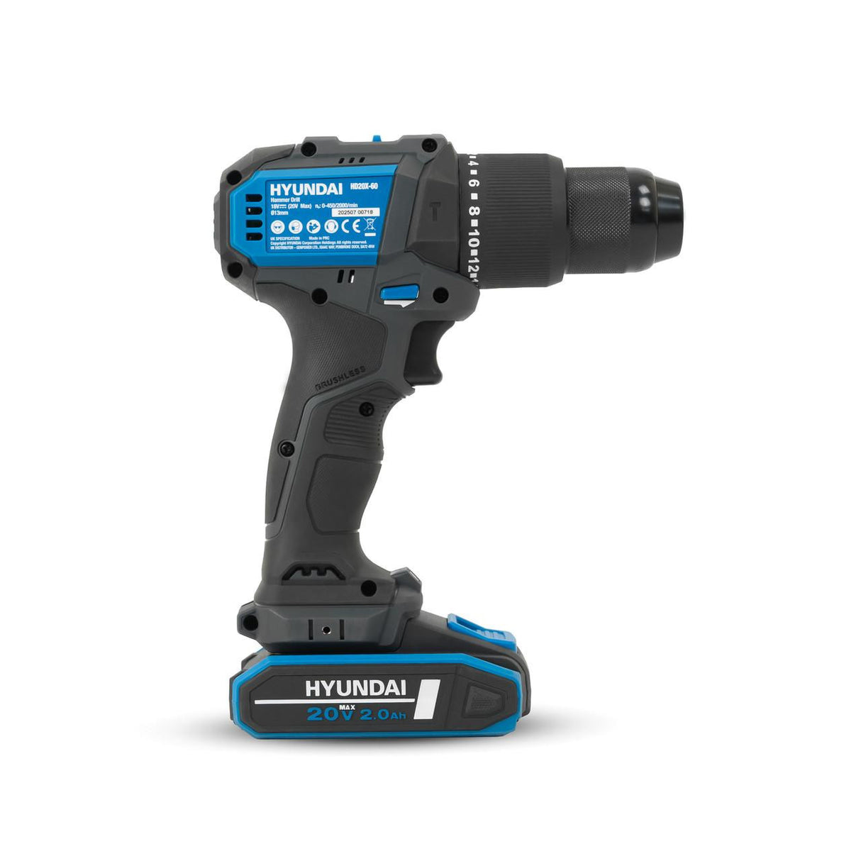 Hyundai 20V Cordless 65Nm Hammer Drill and 230Nm Impact Driver Brushless Kit, 2x 2.0Ah Li-ion Batteries and 2A Charger | S01-T2B