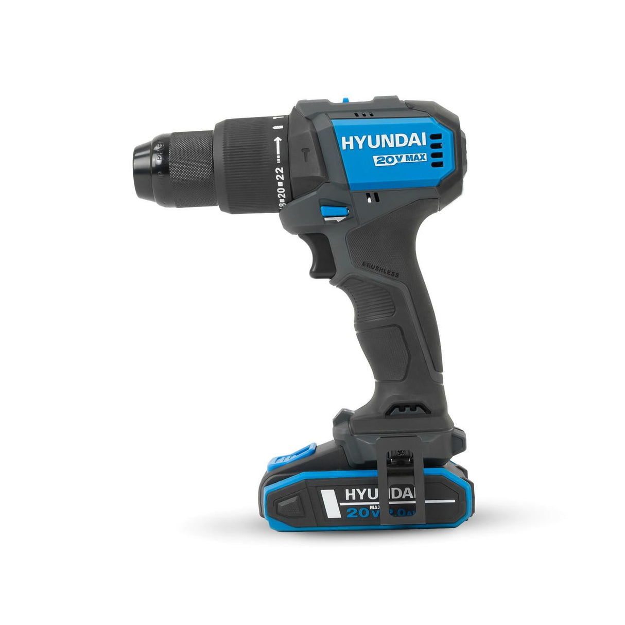 Hyundai 20V Cordless 65Nm Hammer Drill and 230Nm Impact Driver Brushless Kit, 2x 2.0Ah Li-ion Batteries and 2A Charger | S01-T2B