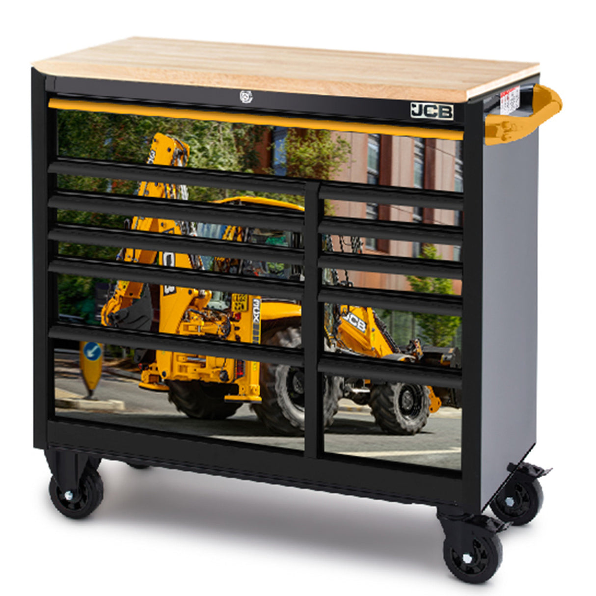 JCB 42’’ Roller Tool Cabinet, 11 Drawers, Steel with Hardwood Worktop and Backhoe Loader Wrap JCBRCBB