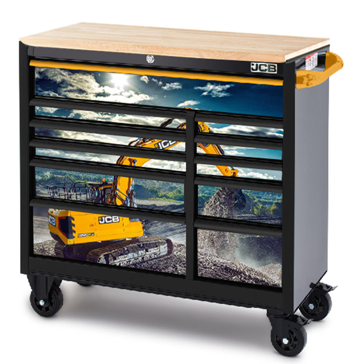JCB 42’’ Roller Tool Cabinet, 11 Drawers, Steel with Hardwood Worktop and Excavator Wrap JCBEXCRCBB