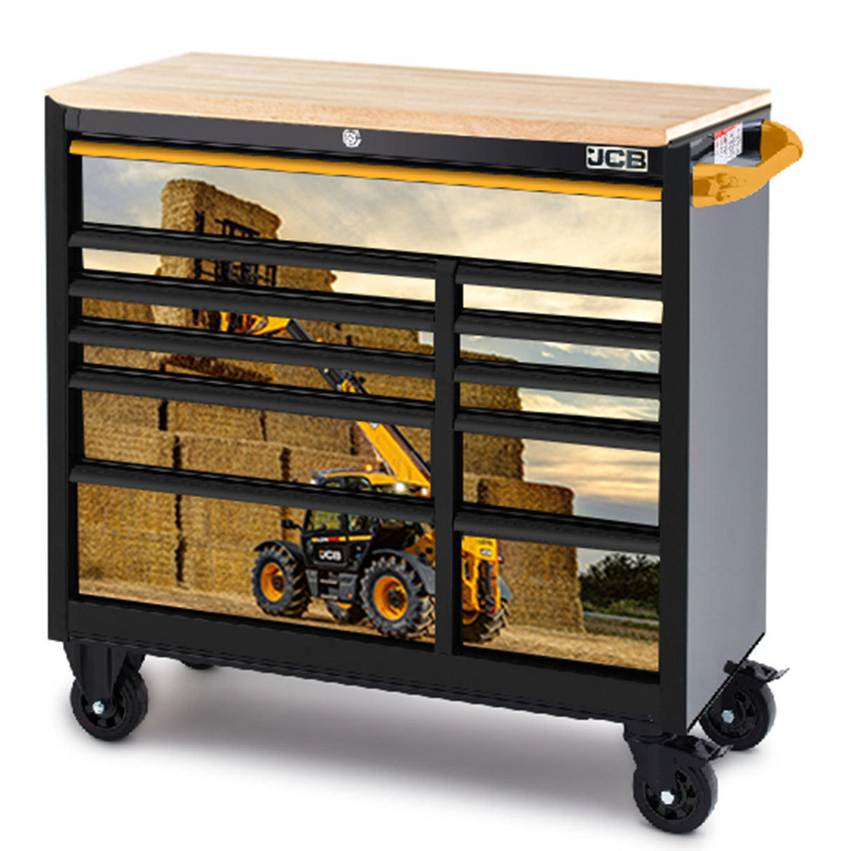 JCB 42 inch Roller Tool Cabinet, 11 Drawers, Steel with Hardwood Worktop and Telehandler Wrap JCBTLHRCBB