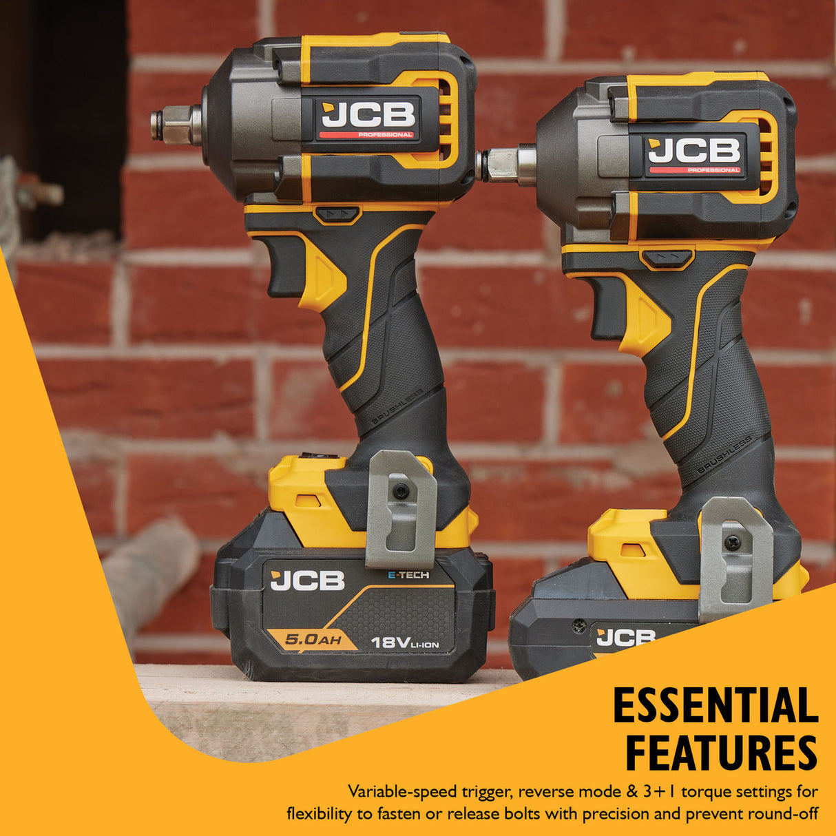 JCB Pro 18V Impact Wrench 1/2" 400Nm Fastening, 620Nm ‘Nut-Busting’ Torque, Square Drive & Friction Ring (Bare Tool) | JCB-18PIW-620
