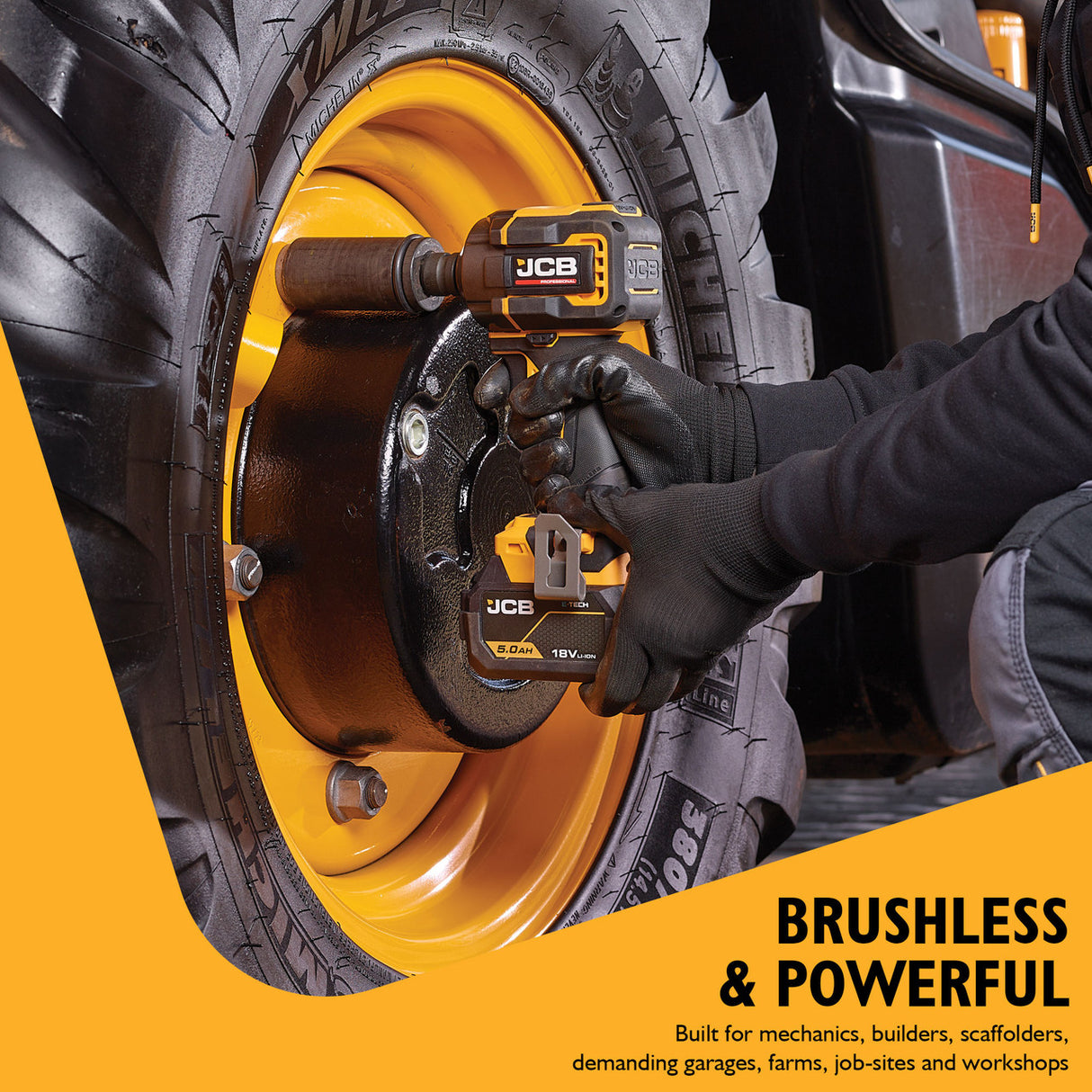 JCB Pro 18V Impact Wrench 1/2" 400Nm Fastening, 620Nm ‘Nut-Busting’ Torque, Square Drive & Friction Ring (Bare Tool) | JCB-18PIW-620