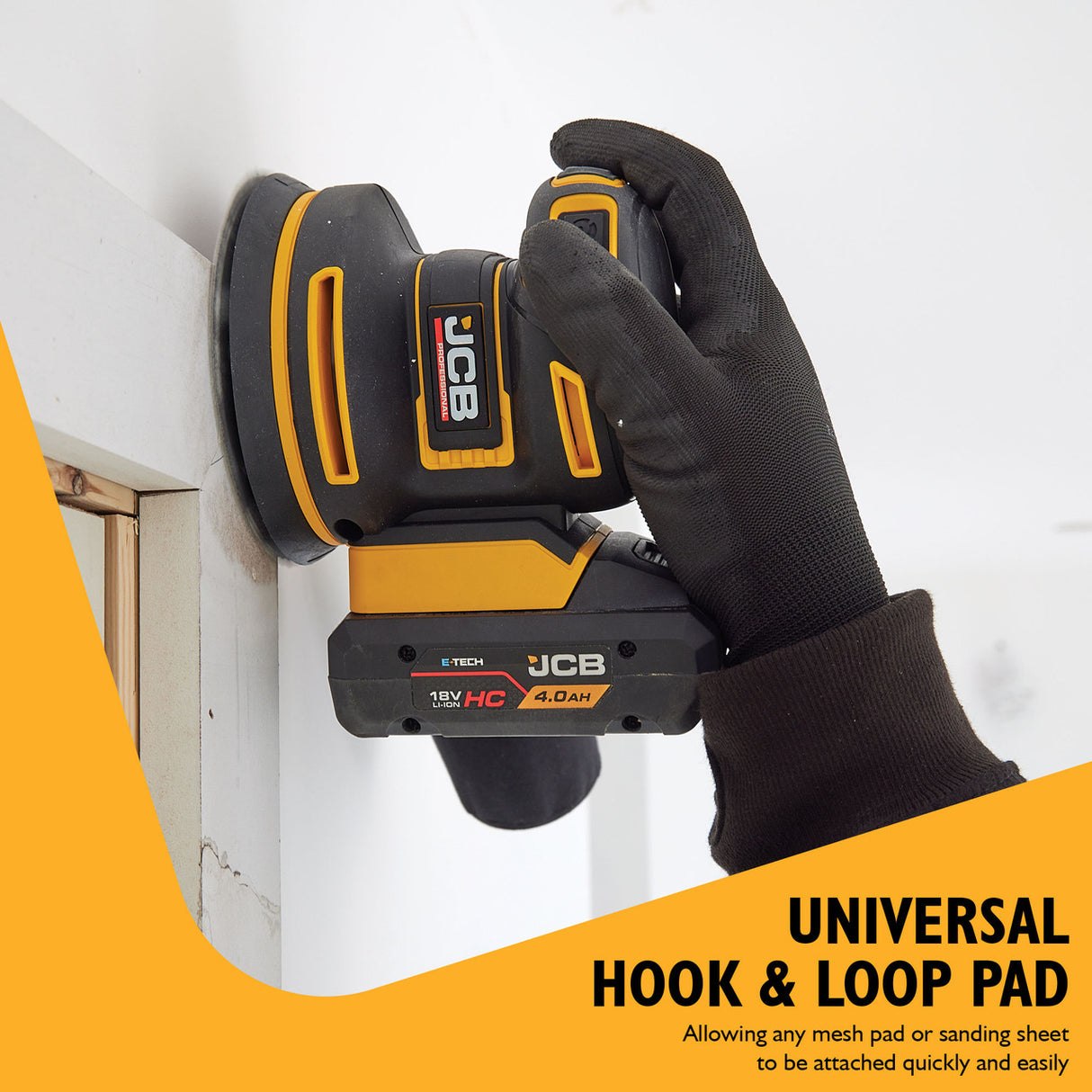 JCB Pro 18V Orbital Sander, 125mm, Brushless, Variable Speed, Dust Protected, Incl. 4x Mesh Sanding Sheets (Bare Tool) | JCB-18POS-125