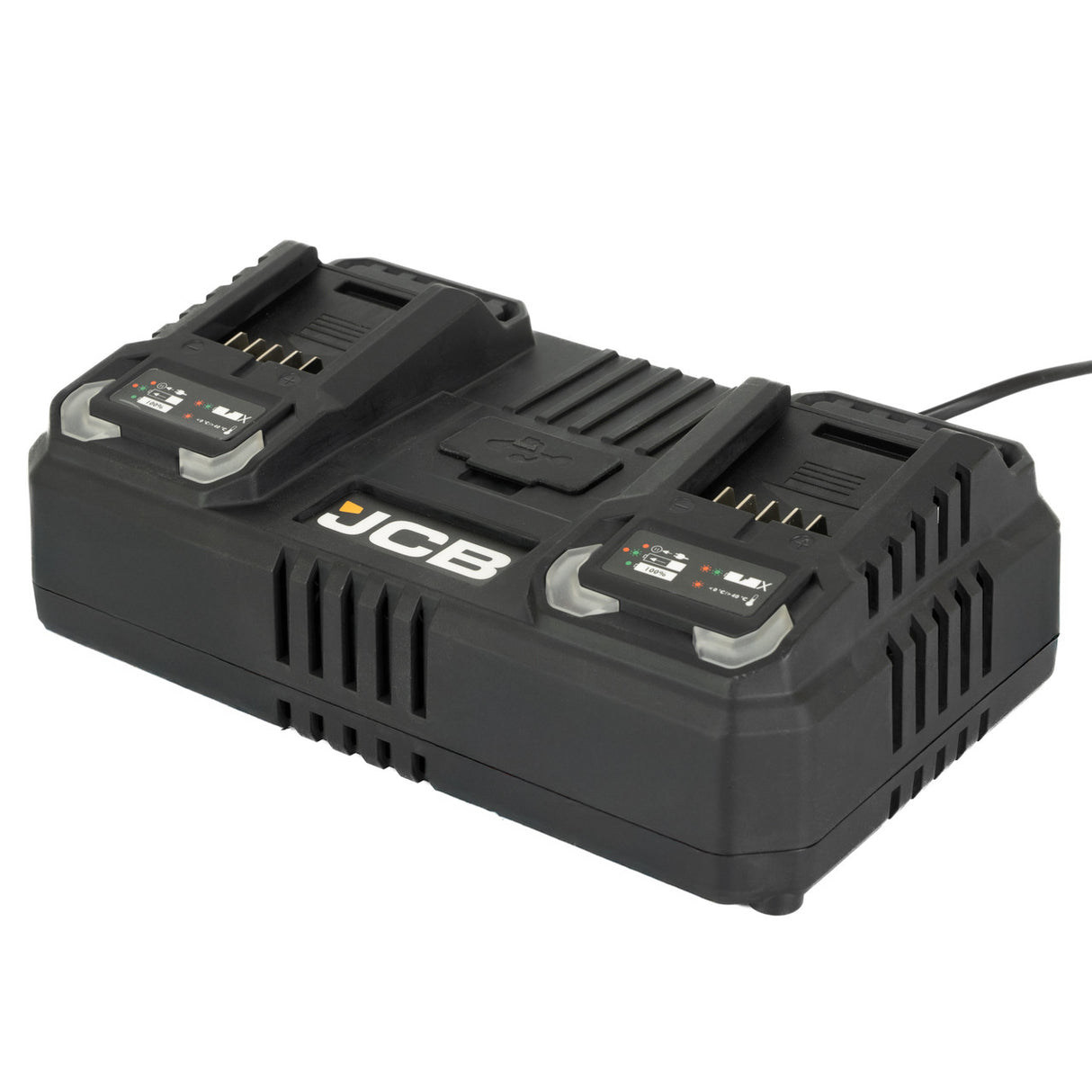 Charge-up your JCB 18V Lithium-ion batteries with the JCB next-generation 4.5A Dual Port Fast Charger.