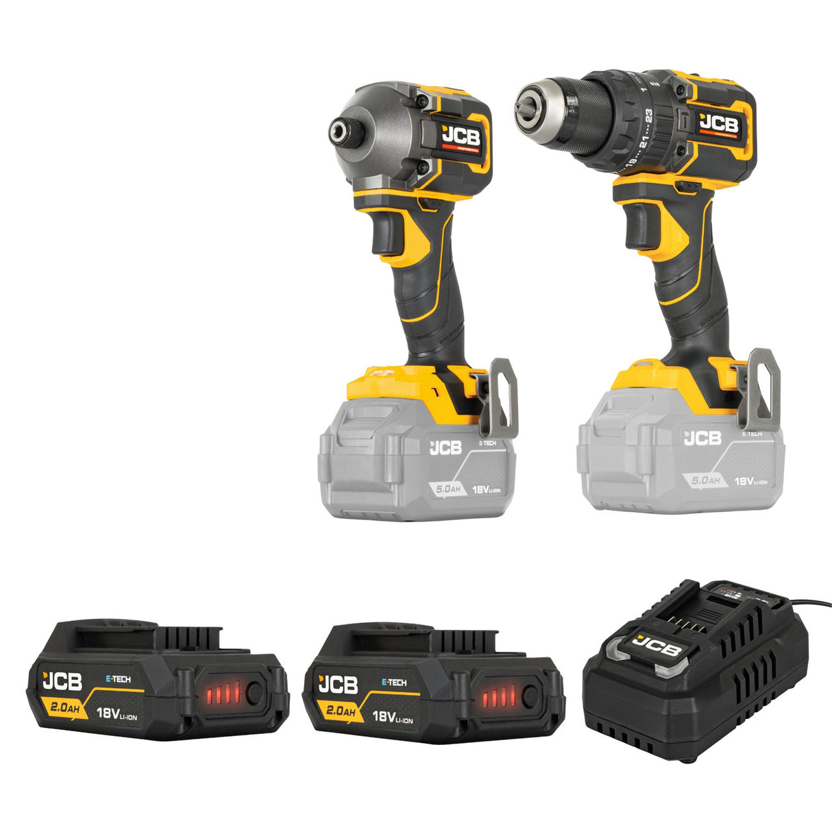 JCB 18v Pro Kit including 75Nm Combi Drill, 230Nm Impact Driver, 2x 2Ah Li-ion Batteries and 4.5A Fast Charger, with Carry Case | JCB-18PKIT-1
