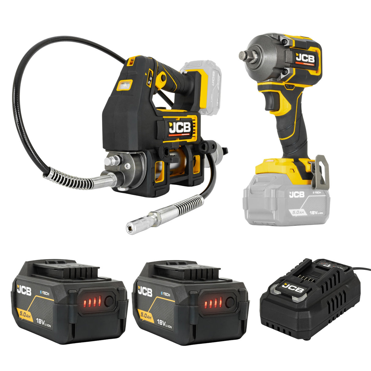 JCB Pro 18V Kit ½” Impact Wrench, Grease Gun, 2x 5.0Ah Batteries & 4.5A Fast Charger (with Soft Tool Bag)| JCB-18PKIT-5