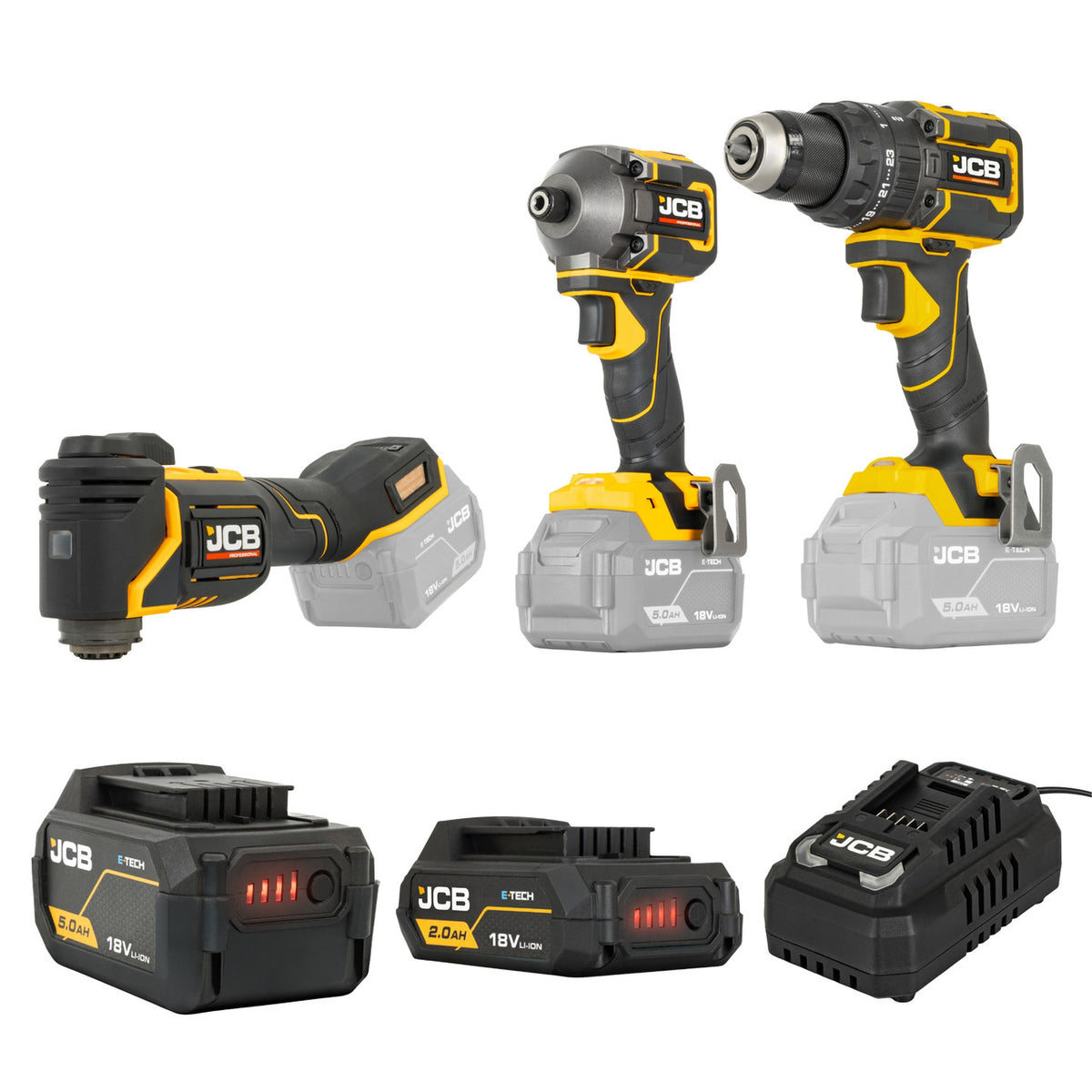JCB 18V Pro Kit, Combi Drill (75Nm), Impact Driver (230Nm), Multi Tool, 2Ah & 5Ah Batteries, 4.5A Fast Charger & Soft Tool Bag |JCB-18PKIT-6