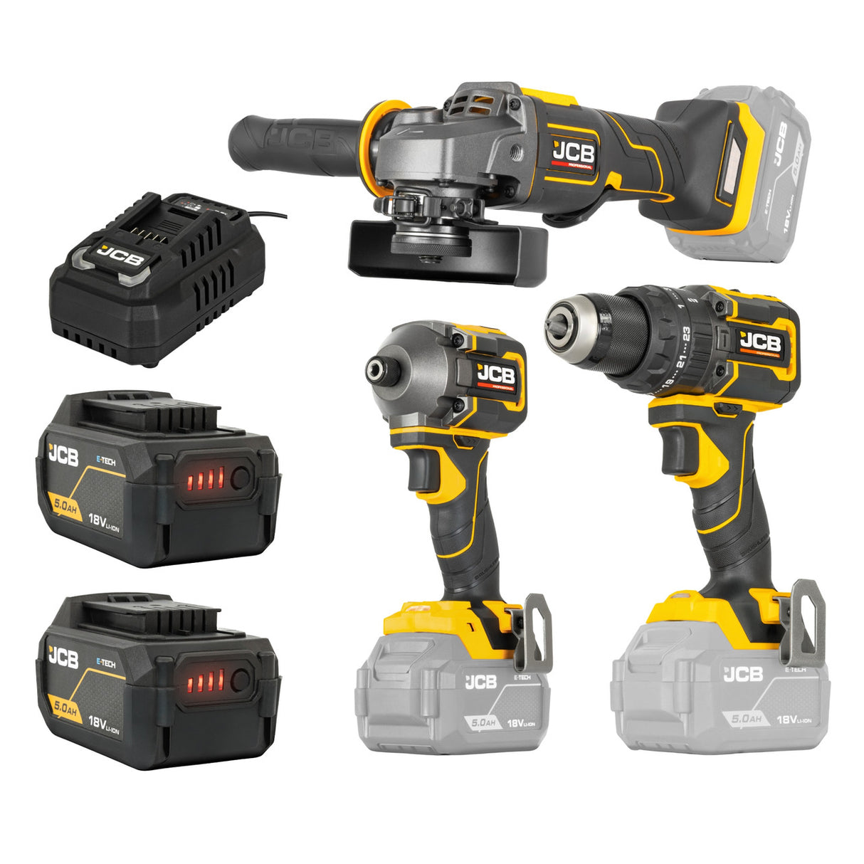 JCB Pro 18V Kit, Combi Drill (75Nm), Impact Driver (230Nm), Angle Grinder (115mm), 2x 5Ah Batteries, 4.5A Fast Charger & Soft Tool Bag |JCB-18PKIT-7