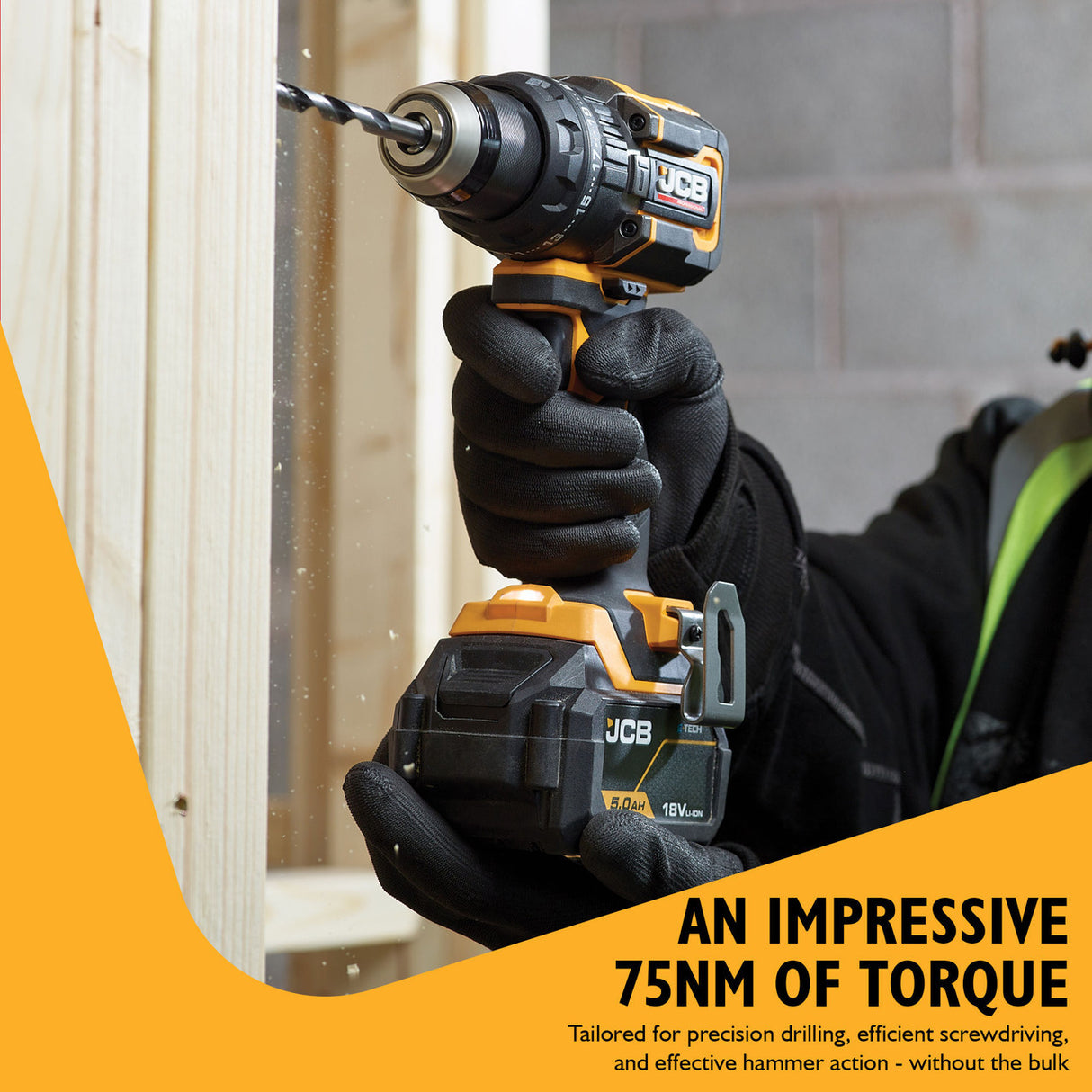 JCB Pro 18V Compact Combi Drill 75Nm, Brushless, 2-Speed, 23+3 Positions & 13mm Chuck, 2 x Pro 5.0Ah Lithium-ion Batteries & 4.5A Charger | JCB-18PCD-75-5