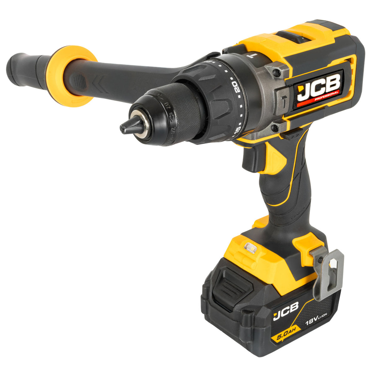 JCB Pro 18V Combi Drill 160Nm, Brushless, Anti-Kickback & Variable Speed, 25+3 Torque, 2x 5.0Ah Lithium-ion Batteries & 4.5A Charger | JCB-18PCD-160-5