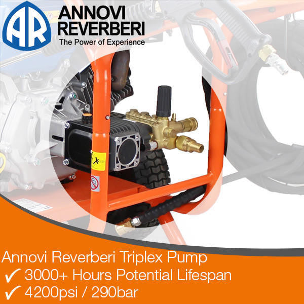 P1 4200psi 290bar Petrol Pressure Washer, 420cc Hyundai Engine, Triplex Annovi Reverberi Pump, 15L/min Flow Rate & 24" Stainless Steel Flat Surface Cleaner | P4200PWT+85.403.010