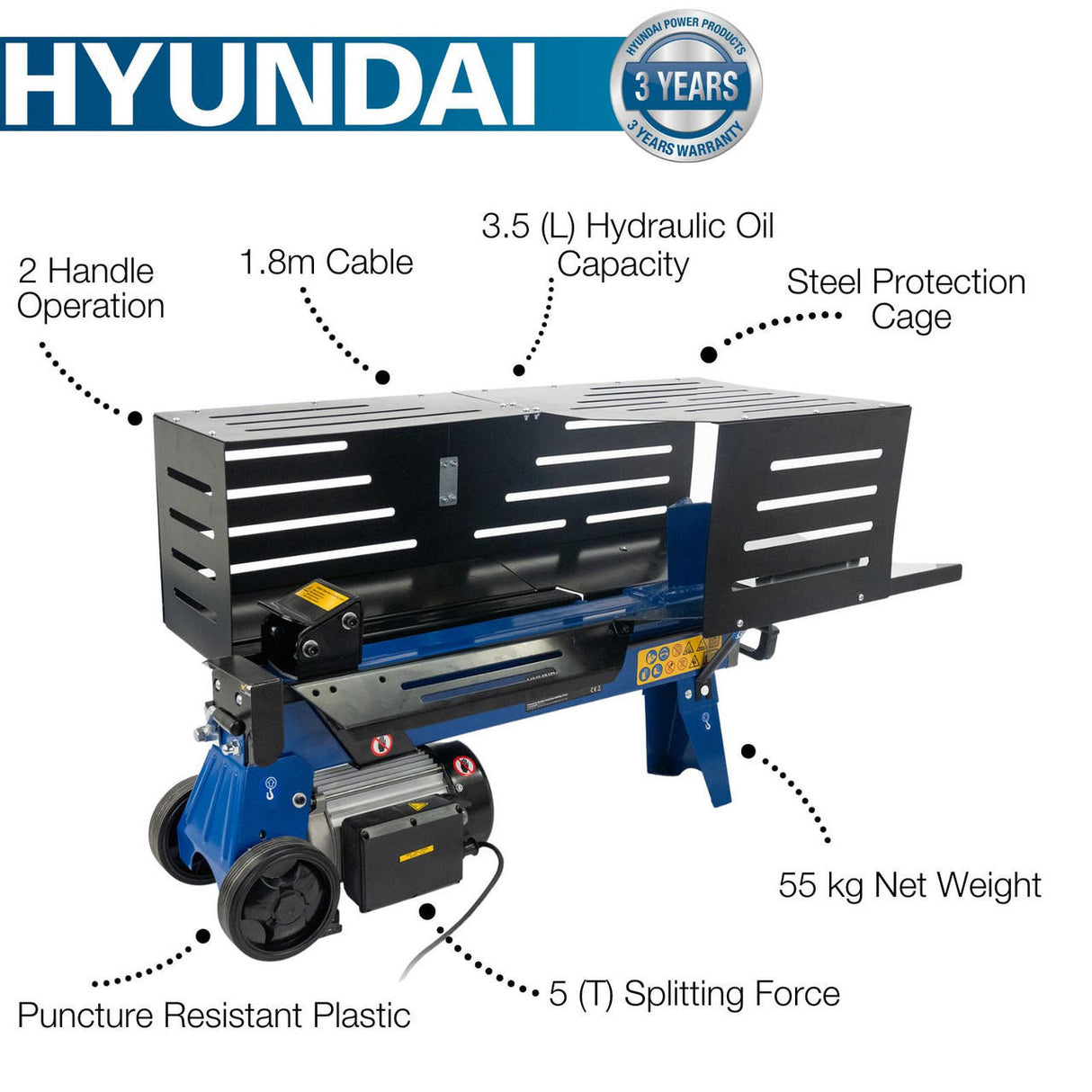 Hyundai 5 Tonne Horizontal Electric Log Splitter with Hydraulic Ram, Steel Protection Cage 520mm Length | HYLS5000HE