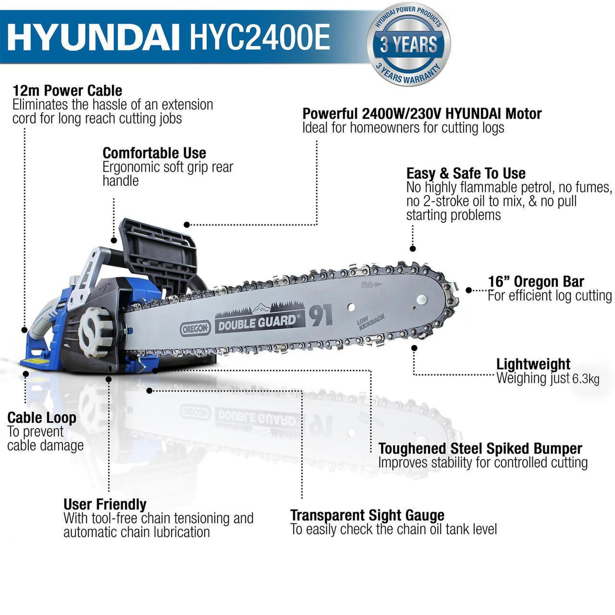 Hyundai 16" 40cm Electric Chainsaw 2400W 230V & Folding Trolley on Wheels, Garden Trolley 100kg | HYC2400E+GTW220