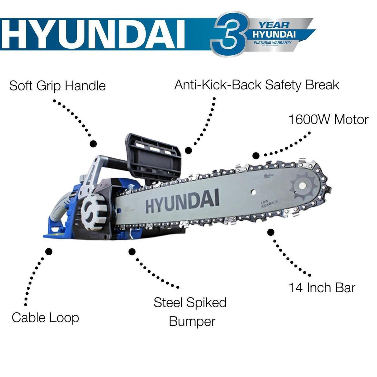 Hyundai 14" 35cm Electric Chainsaw 1600W 230V & Garden Trolley on Wheels, 100kg Load with Brakes | HYC1600E+GTW260