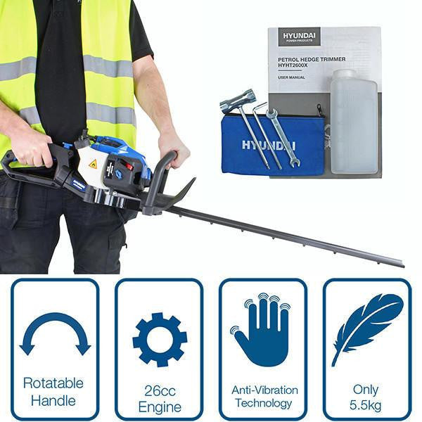 Hyundai 26cc 600mm Petrol Hedge Trimmer Cutter, Easy-Start & Lightweight 2-stroke & Garden Trolley on Wheels, 100kg Load with Brakes | HYHT2600X+GTW260