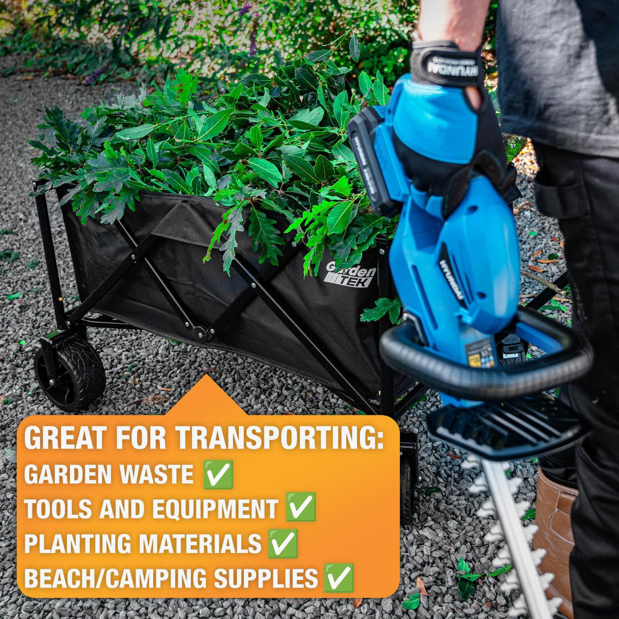 Hyundai 26cc 600mm Petrol Hedge Trimmer Cutter, Easy-Start & Lightweight 2-stroke & Garden Trolley on Wheels, 100kg Load with Brakes | HYHT2600X+GTW260