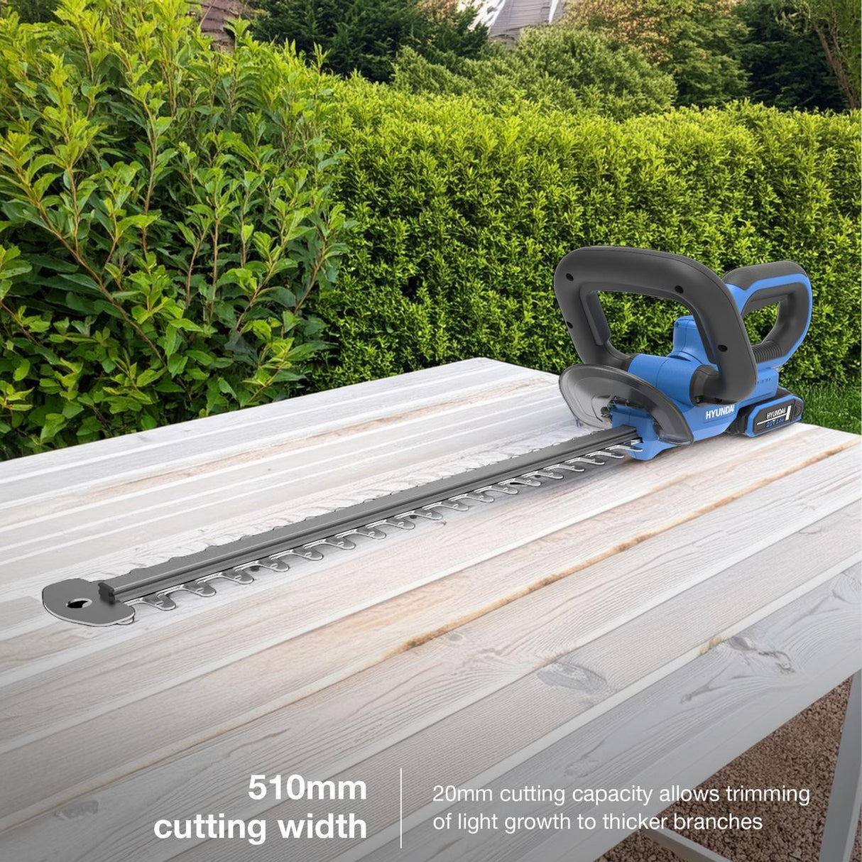 Hyundai 20V 510mm Cordless Hedge Trimmer, 2.0Ah Li-ion Battery, Lightweight & Powerful | HY20CHT