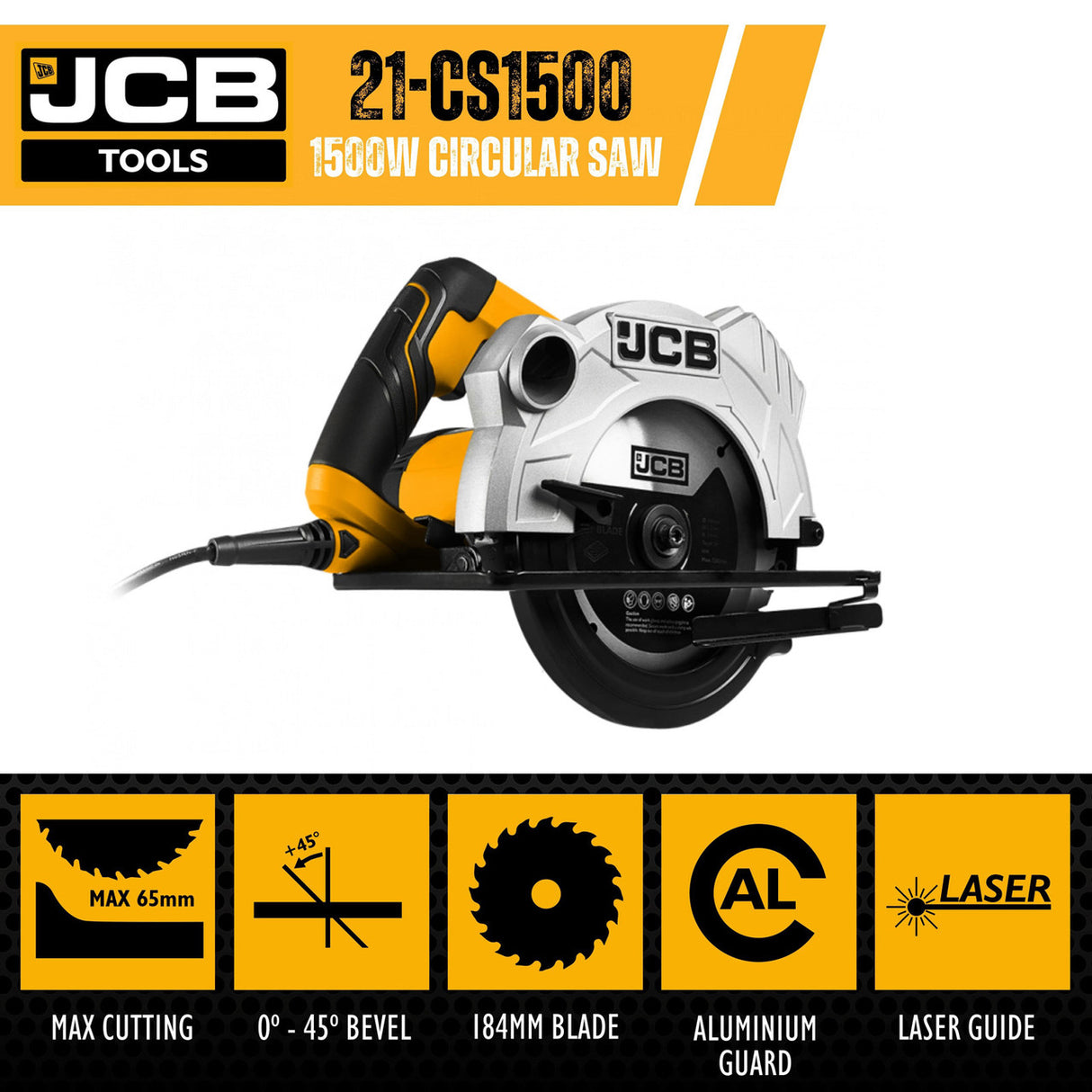JCB Electric Circular Saw, 184mm Blade Max Cut 65mm, 90-45° Bevel,Corded, 1500W, 230V | 21-CS1500