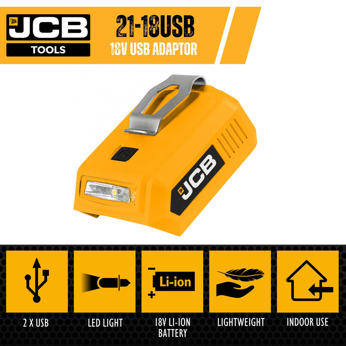 JCB 18V Cordless 60lm LED Light with 2x USB Charge Portal Power Adaptor | 21-18USB