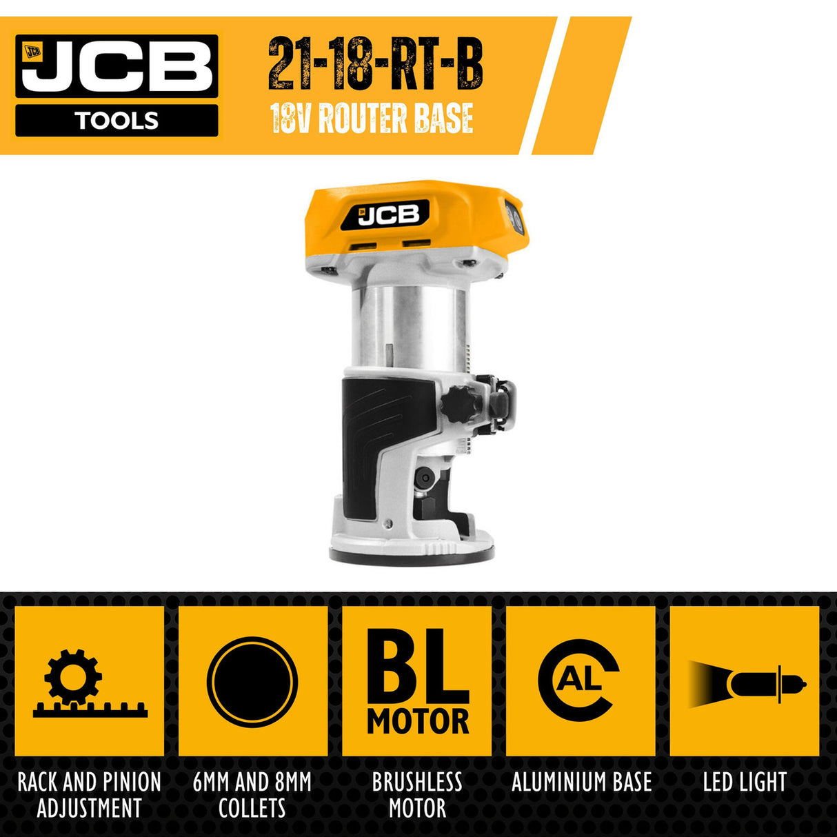 JCB 18V Brushless Trimmer Router Unit, 3/8" & 1/4" Collet (Machine Only) |21-18RT-B