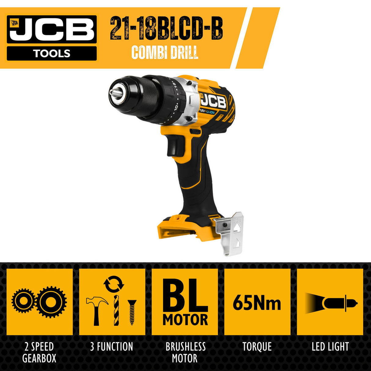 JCB 18V 65Nm Brushless Combi Drill Bare Unit,Variable Speed & LED Light, Belt Clip, 20+3 position & 13mm Keyless Chuck | 21-18BLCD-B - Bare Unit + 5.0Ah Battery